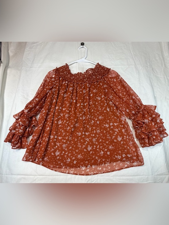 CeCe Tops - CeCe Rust Floral Smocked-Neck Blouse
